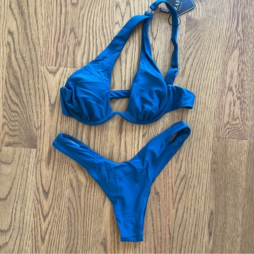 NWT ZAFUL Women's Two Piece 1 Shoulder Swimsuit High Cut Bikini Set Teal (4)